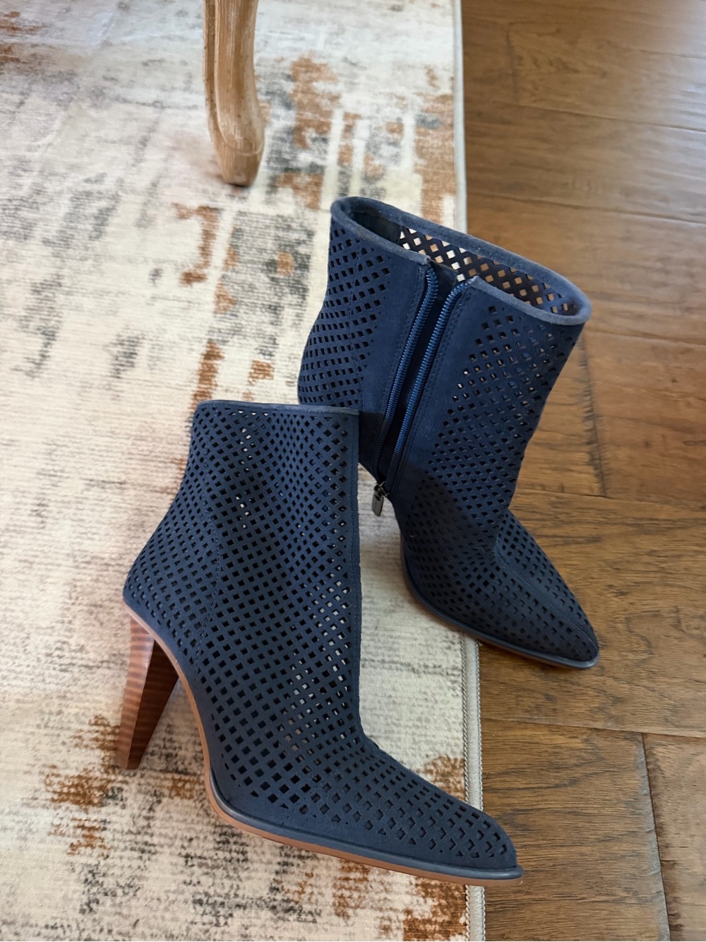 Vince Camuto Navy Laser-Cut Pointed Ankle Booties